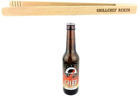 Geschenkset 2-TLG. „Nur für echte Kerle“ mit Bier „Hier grillt der Chef“ und Grillzange mit Namens-Gravur Grillchef + Horst/Geburtstagsgeschenk/kreatives Geschenk/Männer/Grillen