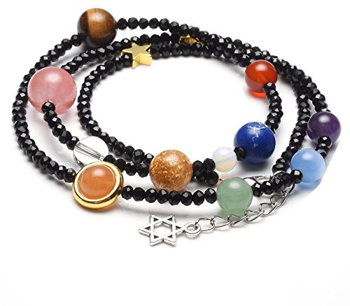Jovivi Edelstein-Armband Energiearmband Stein Armreif mit Planet Asteroid Sonnensystem Wickelarmband Halskette Schwarz