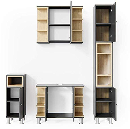 Vicco Badmöbel-Set Aquis, Badezimmerschrank-Set, Anthrazit/Eiche, 4 Teile