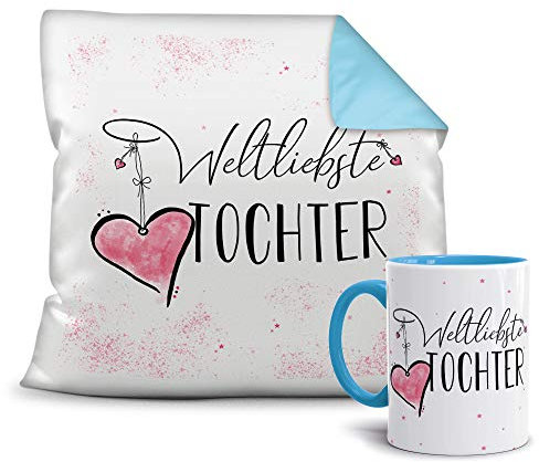 Geschenkset für die Weltliebste Tochter - Tasse und Kissen - Himmelblau/Verwandte/Geschenk-Idee/Liebling/Familie