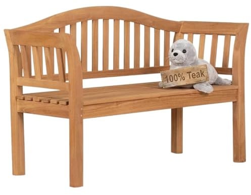 MR. DEKO® Banc de jardin Wave en teck | Banc en bois avec dossier | Banc de frison pour l'extérieur | 2 places 128 x 53 x 85 cm | Banc massif et résistant aux intempéries pour le jardin, le balcon, la