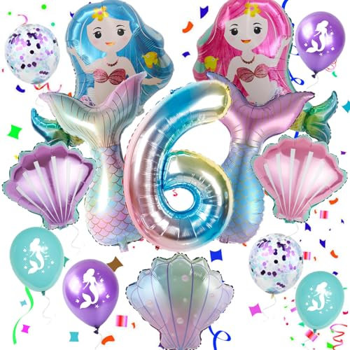 Haosell Meerjungfrau Großes Luftballon 6 Jahr Kindergeburtstag Deko Mädchen Bunt Meerjungfrau Ballon - 1x XXL Meerjungfrau Ballon+Zahl 6 Zahlen-Ballon +1 Schale Ballon + 4 x Konfetti-Ballon