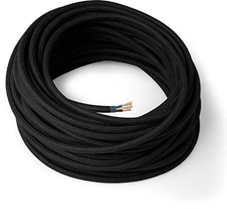 Amarcords - Cable de tela color NEGRO, redondo, algodón, 1 metro, con tierra 3x0,75 - Hilo eléctrico textil de color estilo clásico para lámparas bricolaje y iluminación vintage.