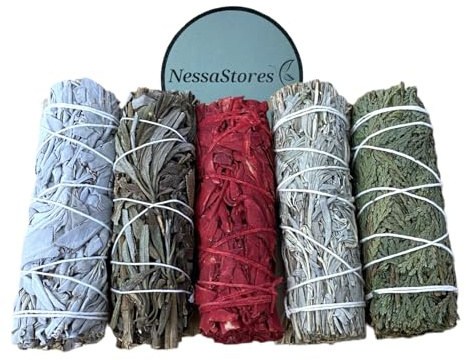 NessaStores 5 Stück Smudge-Stick-Proben, 1 Set weißer Salbei, schwarzer Salbei, Drachenblut, blauer Salbei und Zeder, 10,2 cm, handgebunden, komplett natürlich, ethisch unbedenklich für die Reinigung