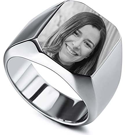 MunkiMix Personalisierter Edelstahl-Siegelring Personalisierter Schwarz-Weiß-Foto für Männer Frauen Paare Beste Freunde mit Ringgrößenverstellung (Silber Farbe Größe 60)