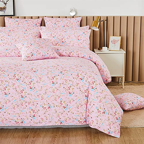 FADFAY Duvet Cover Set Twin Sweet Rose Floral Bedding Shabby Pink Flower Girls Bedding Vintage Farmhouse Bedding 100% Cotton Ultra Soft Comforter Cover Set with Hidden Zipper Closure 3Pcs, Twin Size