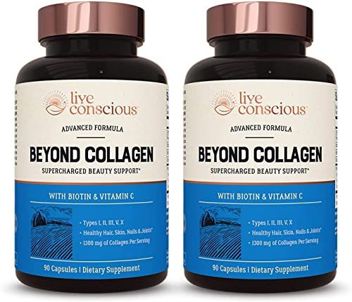 Live Conscious Beyond Collagen Multi Collagen Capsules - Types I, II, III, V & X | Hydrolyzed Blend with Biotin & Vitamin C for Hair, Skin, Nails 90 Capsules (2-Pack)