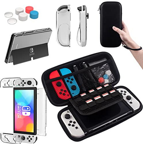 Teyomi Tasche Kompatibel mit Nintendo Switch OLED Modell 2021, Nintendo Switch OLED Zubehör Bundle mit Tasche,Schutzfolie, Transparent Hülle für Nintendo Switch OLED, Case für Joy-Con,Joystick-Kappen