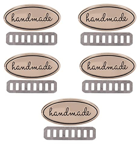 5 Stück Metall Handmade Tag, Retro Handgemachte Metalletiketten, Handmade Label Schilder mit Löcher und Unterlegscheibe für DIY Schmuckherstellung Handwerk Nähen Kleidung Hüte Basteln Dekor(Gold)