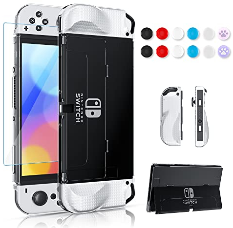 FANPL Kit de funda transparente para Nintendo Switch OLED, cubierta de para Switch OLED consola y funda de TPU con patrón de celosía para Joy Con con 1 protector de pantalla y 12 tapas para el pul