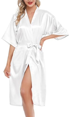 Lovasy Bademantel Damen Satin Japanisch Kimono Jacke Damen mit Gürtel Sexy Morgenmantel Leicht Pyjama für Hochzeit Braut Party,Weiß,M