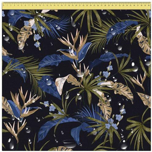 DreamRoots Segeltuch Wasserdicht - Polsterstoff Meterware 160 cm breit - Wasserabweisender Stoff 220 g/m2 600D - Markisenstoff Wasserdicht Meterware Exotic Blue Leaves Laufmeter