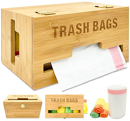 Trash Bag Dispenser with Handles, Garbage Bag Holder for Standard 13/30 Gallon Rolls Less Than 80 Bags, Kitchen Laundry Trash Bag Organizer, Wall Mounted/On Countertop/Under-Sink