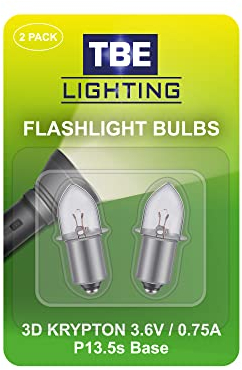 TBE LIGHTING Replacement Torch Bulb 2D 3.6 Volt, 0.75A Bayonet Base P13.5 Krypton Bulbs, Pack of 2 Energy efficient Flashlight Krypton Bulbs to fit a Standard 2D Torches