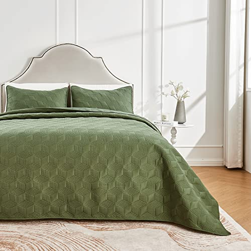 beeweed Tagesdecke Bettüberwurf 220x200cm Olivgrün, Bedspreads aus Mikrofaser, Quilt Überwurf Bett Überwurfdecke leicht, Steppdecke bei Ultraschall genäht mit 2 Kissenbezug, Diamant Muster