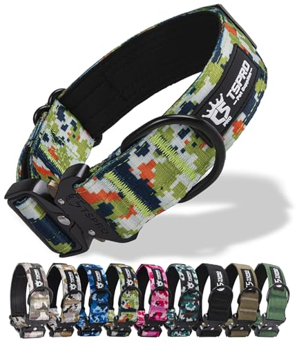 TSPRO Premium Hundehalsband mit Patch Dickes Verstellbares Taktisches Hundehalsband Schwere Ausführung Schnellverschluss Metallschnalle für Mittelgroße bis Große Hunde (Camo Grün L)