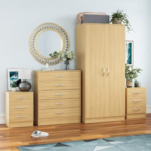 Vida Designs Riano 4 Piece Bedroom Sets, 2 x 3 Drawer Bedside Cabinets, 5 Drawer Chest of Drawer & 2 Door Wardrobe (Pine) (Riano Sets 3)