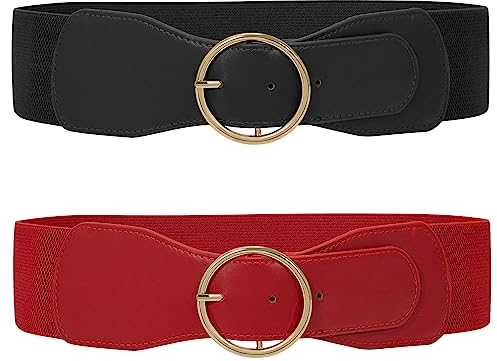WERFORU 2 Stück Elastischer Taillengürtel für Damen Vintage Breiter Kleid Gürtel Mode Dehnbarer Cinch Gürtel Schwarz/Rot