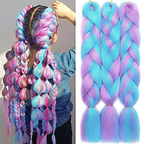PORSMEER 24 Pouces Kanekalon Ombre Jumbo Cheveux Tressage Extensions,3 paquet de meches pour tresses africaine,Synthétique rajout cheveux tresses Violet/Bleu