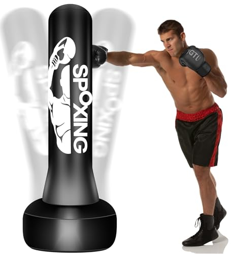 JUOIFIP Schwerer Boxsack für Erwachsene, 175 cm, freistehender Boxsack mit Ständer, geeignet für Herren-Training, MMA, Muay Thai, Fitness, idealer freistehender aufblasbarer Kickboxsack
