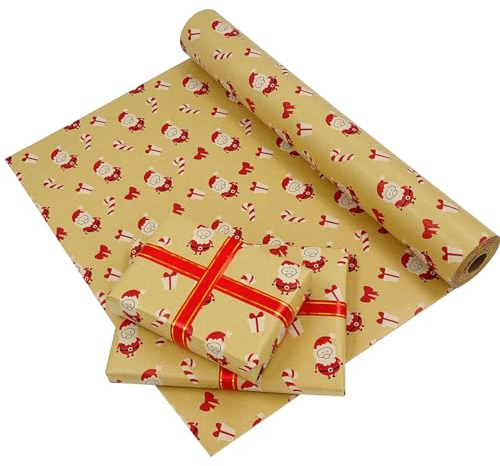 Rollenpaket Weihnachtsgeschenkpapier, 43 cm x 20 m, Kraftpapier, bedruckt mit Weihnachtsmann, recycelbare Kraftpapierrolle für Weihnachten, Geburtstag, Hochzeit, Geschenkpapier