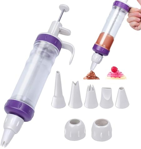 Cake Piping Kit, Frosting Piping Syringe, Cake Frosting Injector, Food-Grade Icing Syringe with 5 Tips, Reusable Cake Decorating Tool, Cookie Press Garnish Syringe, Frosting Piping Kit for Dessert