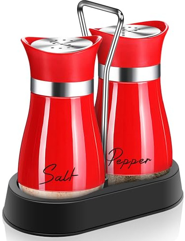 Red Salt and Pepper Shakers - 4 oz Set with Holder for Christmas Decor | Refillable 4 oz Shakers with a Matching Holder Add Festive Style to Kitchens, Christmas Tables and Housewarming Gifts.