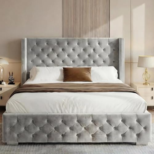 Blisswood Double Ottoman Bed Frame, 4ft6 Velvet Upholstered Wingback Bed with Deep Button Tufted Headboard & Footboard, Gas Lift End Opening Storage, Space Saving Under Bed Storage Wooden Slats, Grey
