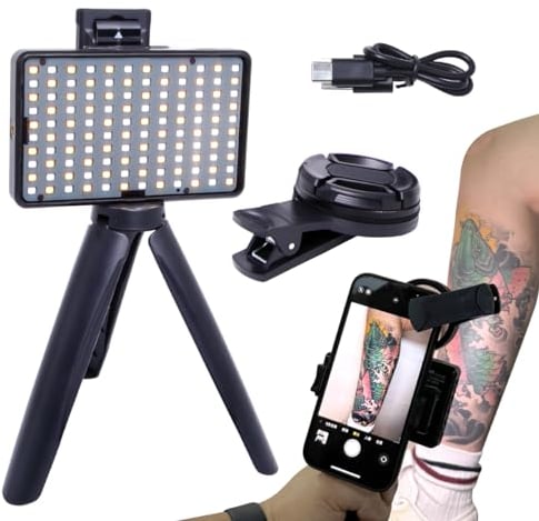 Tumalab Tattoo Kit, Kamerabeleuchtung mit 120 LEDs, CPL Filter, Kompatibel für die meisten Smartphones, 3000mAh Akku, Tragbar für Reisekünstler