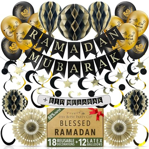 Premium Wiederverwendbare Eid Dekoration - Ramadan Dekoration Set mit Luftballons - 3-in-1-Banner mit Text: Eid Mubarak, Ramadan Mubarak oder Ramdan Kareem - Schnellmontage mit Klett (Schwarz & Gold)