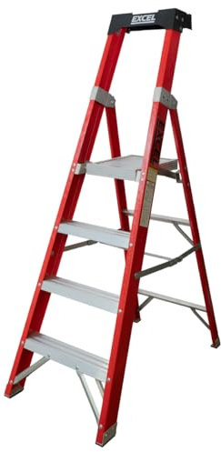 Excel Electricians Fibreglass StepLadder 3/4/5/6/8 Tread EN131 - Heavy Duty 6 Treads ladder, foldable ladder, folding stepladder, lightweight stepladder, fibreglass step ladder (4 Tread, Red Color)