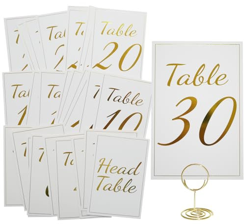 Table Number Cards with Holders Gold Table Place Card Holder 4 * 6 Double Sided Table Sign 1-30 with Head Table for Wedding Reception Event Party Restaurant Centerpieces Decor