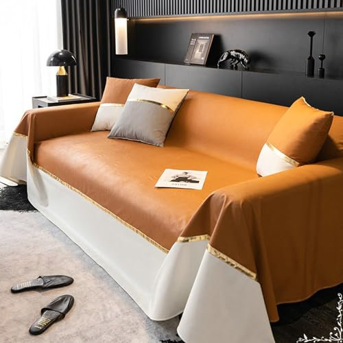 Epinki Sofabezug, 180x340CM Sofaüberwurf 3 Sitzer Zweifarbig Nähen Muster, Wohnzimmer Sessel Hunde Haustiere Sofahusse aus Stoff für Wohnzimmer, Karamell