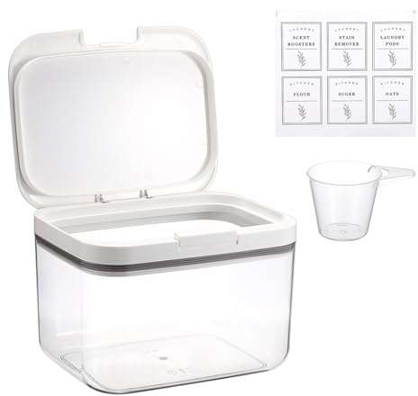 TOLIDA Aufbewahrungsbox aus PET Kunststoff, Vorratsdose mit Messbecher, Organizer für Waschmittel, Wäscheperlen, duftende Perlen, Mehl, Hundefutter, Katzenfutter