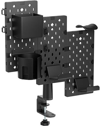 Pegboard Bureau 360° Noir 3 Panneaux Avec 9 Accessoires De Rangement, Pegboard Gaming, Panneaux Perforés Rangement Bureau, 1 Porte Casque, 2 Porte Manettes, 1 Porte Crayons, 1 Porte Gourde -Tasse