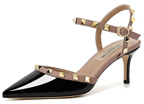 FamMe Damen-Pumps mit Nieten, Stiletto, Knöchelriemen, spitz, geschlossener Zehenbereich, Nieten, Slingback, Kleid, Hochzeit, Party, Pumps