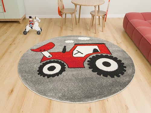 AKCILA Lima runden Kinder Teppich Traktor Grau | Rot 100 cm|Kinderzimmer Kurzflor Teppiche | Kinderteppich Jungen |Kids Carpet | Spielteppich Kinder | Babyzimmer Tepich | Wohnzimmer|Schlafzimmer