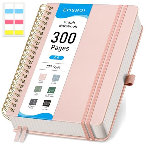 EMSHOI A4 Graph Paper Notebook, Spiral Notepad 150 Sheets/300 Pages, 100gsm, Hardback, Sticky Notes, Pocket, Pen Loop, Ruler, Bookmark, Squared Journal for Women Men Writing, 21x28.5cm, Rose Gold