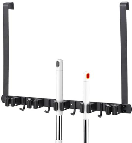 Over The Door Broom Holder - No-Drill Tools Holder,Utility Room Broom Wall Hanger Tidy Organizer for Kitchen, Bathroom, Restaurant