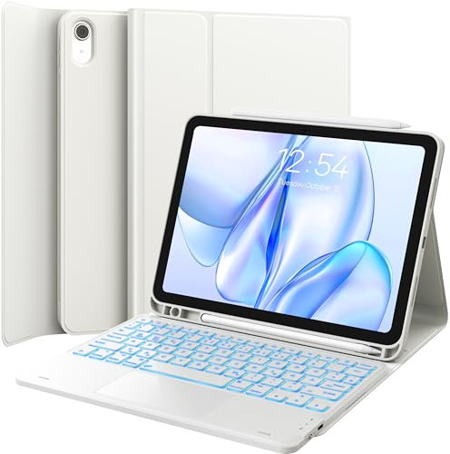 CHESONA Étui avec clavier pour iPad 10e génération/11e génération A16 2025, éclairage 7 couleurs, trackpad multi-touch, 2 canaux Bluetooth pour nouvel iPad 10e génération 2022/2025 11, blanc