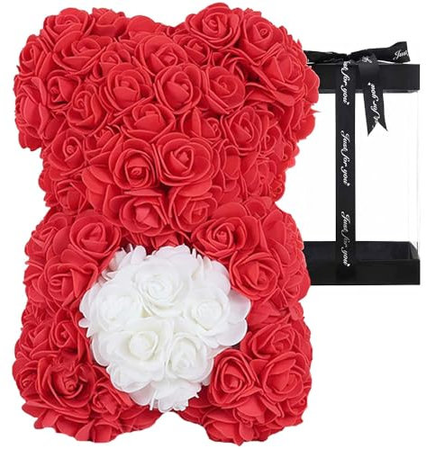 PALUPLUS Orsetto di Rose Rosse con Cuore Bianco, Misura 17x17x25 cm, Scatola Regalo Trasparente da Montare, Orso per San Valentino, Anniversario, Compleanno -034M
