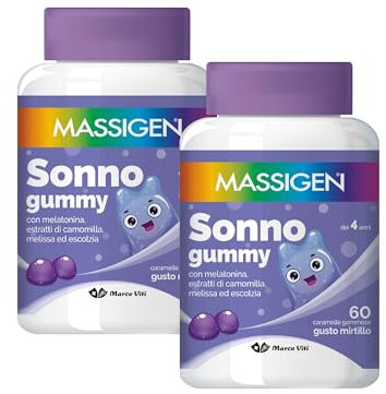 Massigen - Sonno Gummy, Integratore Alimentare con Melatonina e Estratti Naturali, Due Confezioni 60 Caramelle da 3,3 g, Vitamine Gommose, Gusto Mirtillo, Per Rilassamento e Sonno