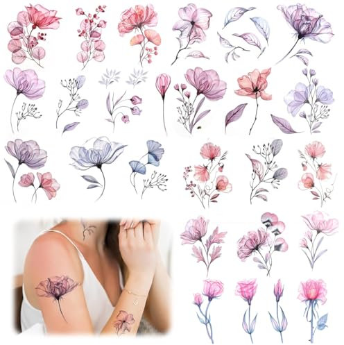 OUDQFCJ 20 Blätter Blumen Temporäre Tattoos Aufkleber,Wasserfeste Klebetattoos für Erwachsene Zum Auf Die Haut,Aquarell Blumenblätter Fake Tattoo Aufkleber Realistische Bunt Flower Haut Tattoos