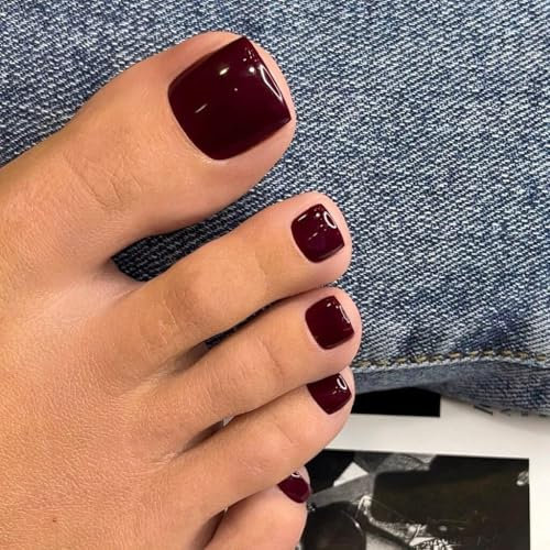 Burgundy Red Press on Toes Nails Short Square, SXVME Acrylic Fake Toe Nails Glue on, Natural Reusable Glossy False Toe Nail for Women 24Pcs