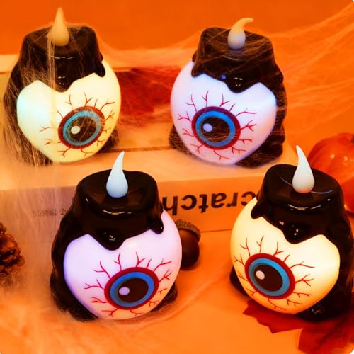 Halloween LED Dekorationen Kerzen, 4 Stück Teelichter Tischdeko Kerzen, LED Flammenlose Kerze Dekoration, Tischdeko, Elektrische Kerze Beleuchtung mit Batterie für Halloween Party Deko (Augapfel)