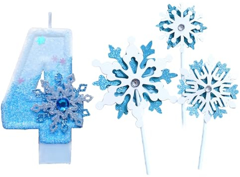 Geburtstagskerzen Zahlen, Glitzernde Zahlenkerze 4 mit Schneeflocken Deko, Geburtstagskerze für Mädchen 4 Kinder, Blue White Frozen blau-weiße Eiskönigin Kuchen Kerzen Topper Geburtstagsdeko