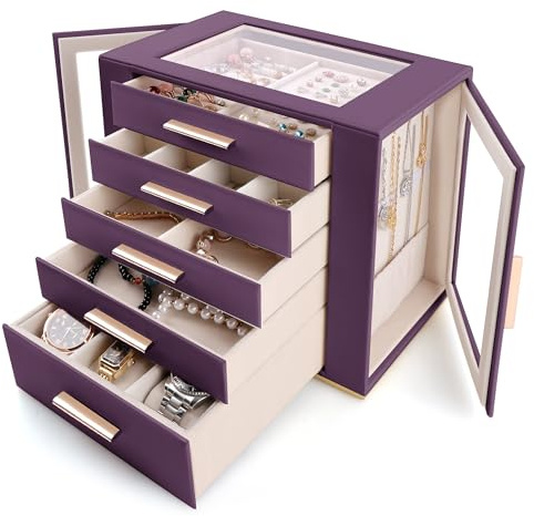 Homeanda Schmuckkästchen Groß,5 Etagen Box mit Glasdeckel,Violett | Moderne PU Leder Schmuckschatulle mit Schubladen, Samt Organizer für Ringe & Uhren, Geschenk für Frauen