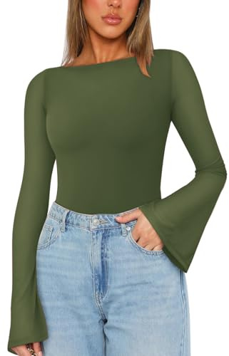 LACOZY Women's Mesh Tops Long Bell Sleeves Fitted Blouse Sexy Going Out Top | Boat Neck Bodycon Ribbed Tops, Casual Date Skinny Shirts, Fashion Clothes, Elegant Stretchy Pullover, Evening Party Outfit
