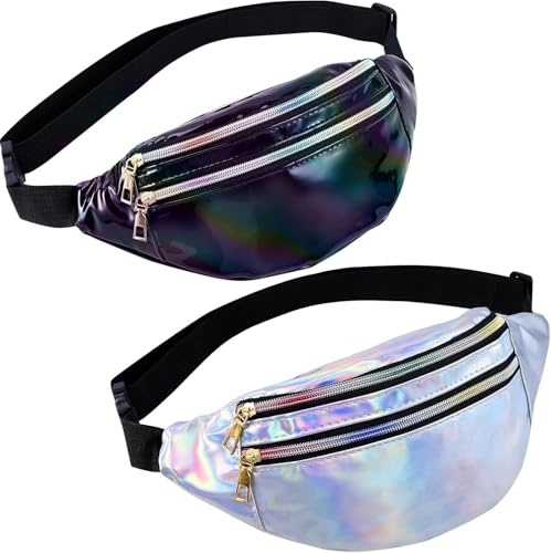 Kinmsito 2 Bauchtasche Damen, Glitzer Hüfttasche, Silber + Schwarz, 28x14cm | Holografisch, Verstellbarer Gurt, Wasserdicht Bauchtasche for Laufen, Reisen, Sport, Festival, Party