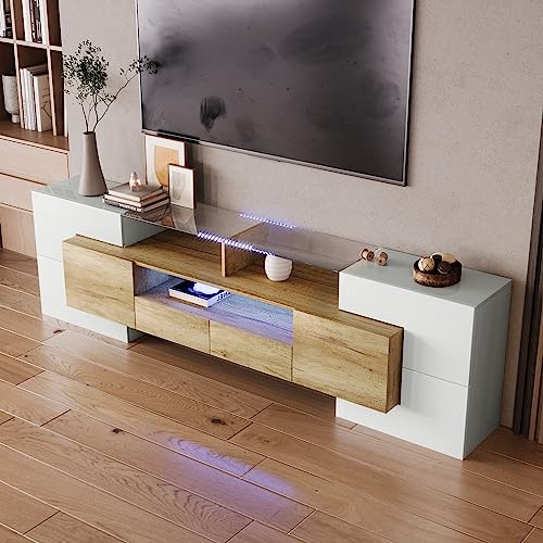 VIVCA Elegante mueble de TV de color blanco brillante de 200 cm con iluminación LED para sala de estar. Diseño moderno. Elegante superficie de cristal.